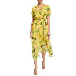 Neiman Marcus Asymmetrical Floral Faux Wrap Dress